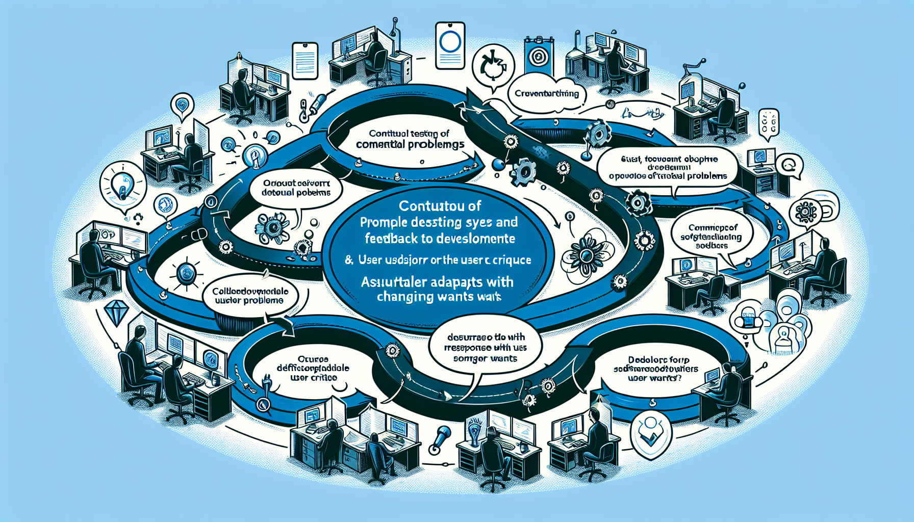 Modern illustration of software development featuring testing and feedback loops in action.