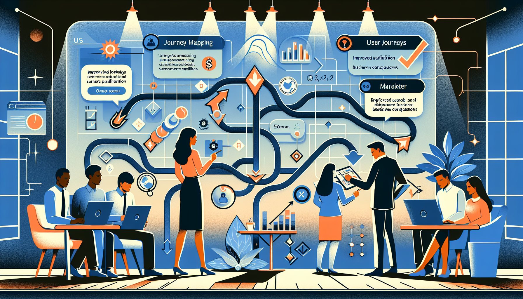 Illustration of business professionals analyzing user journey maps to optimize interactions and boost satisfaction.