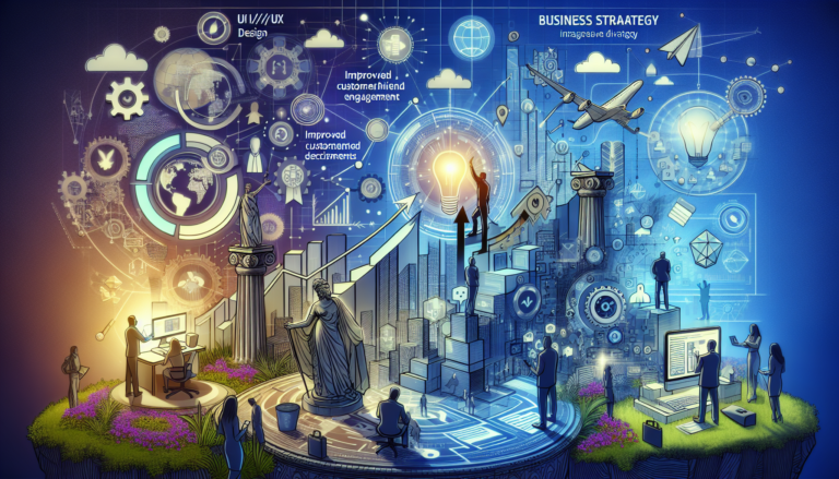 Graphical representation of strategic UI/UX design integration with business objectives for enhancing customer engagement and growth.