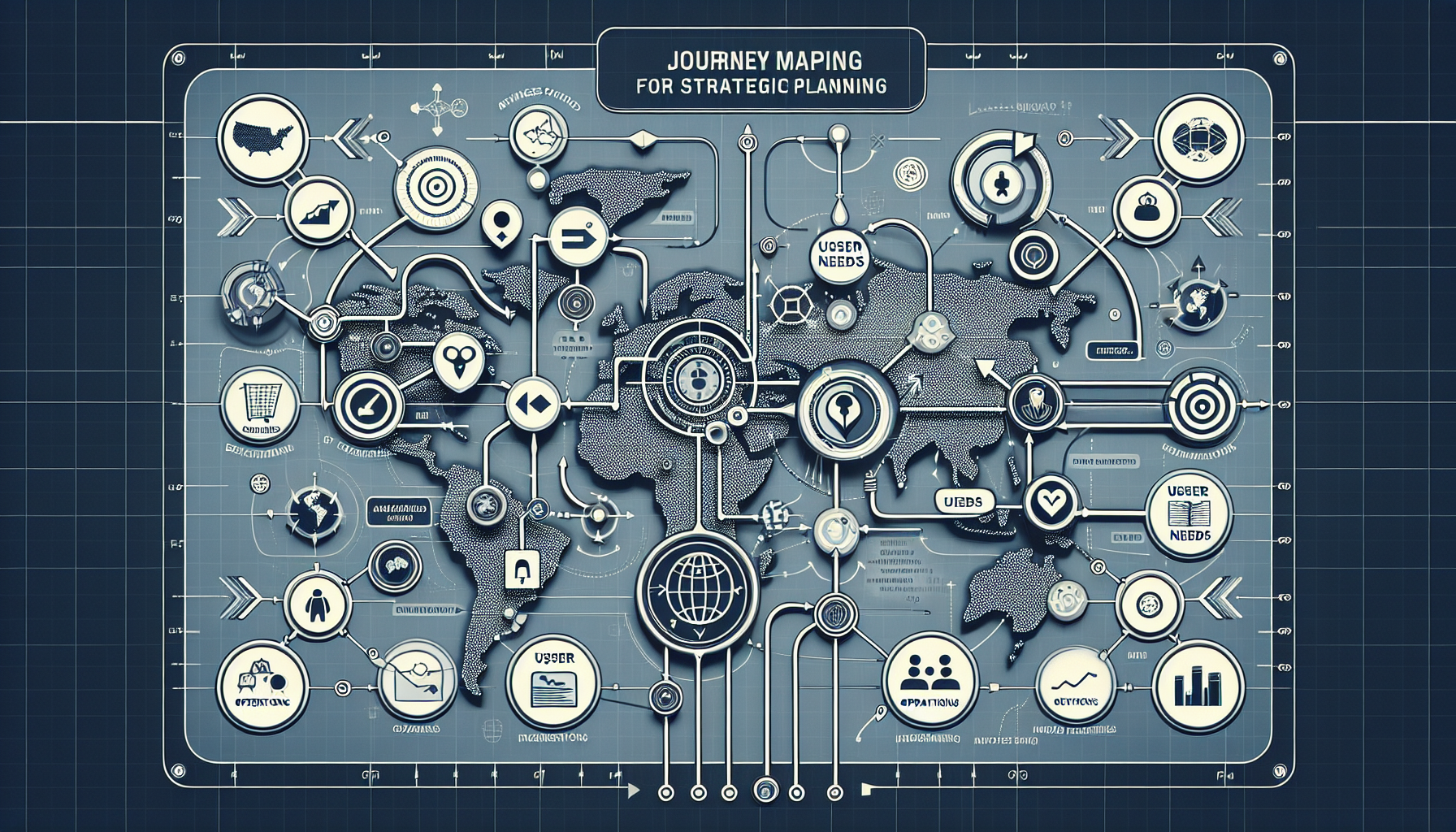 Visual representation of journey mapping aligning business operations with user needs in a strategic and modern style.